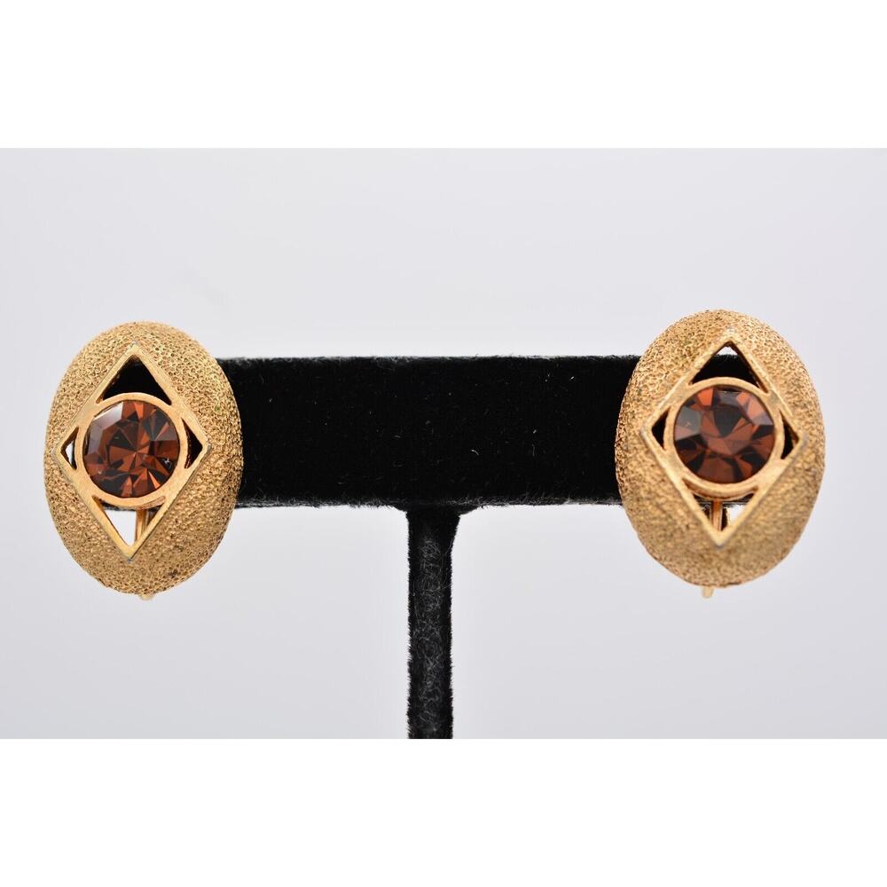 Sarah Cov Vintage Crystal Clip Earrings Chocolate Rhinestone Gold Signed BinAV